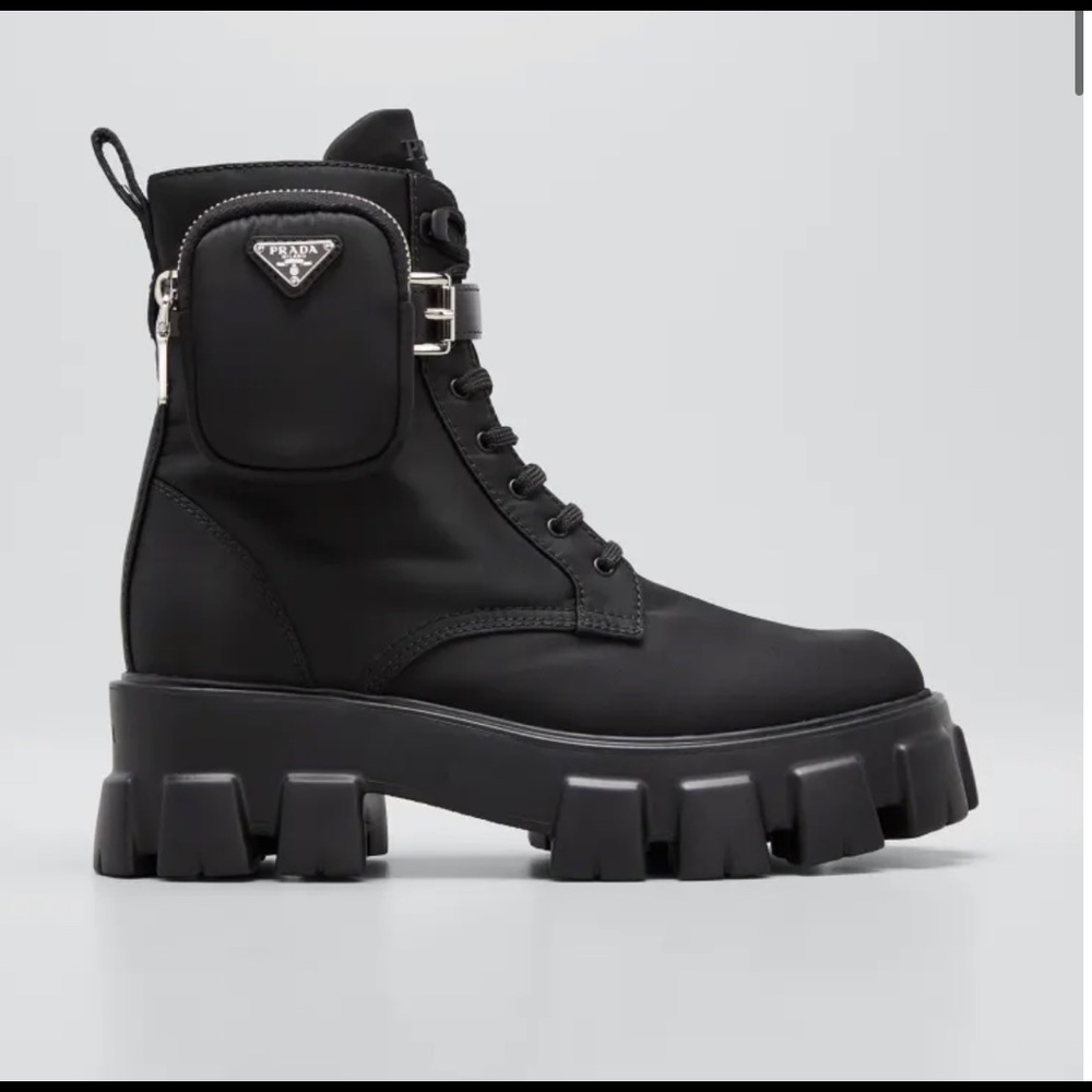 Prada Nylon Zip Pocket Lug-Sole Combat Booties